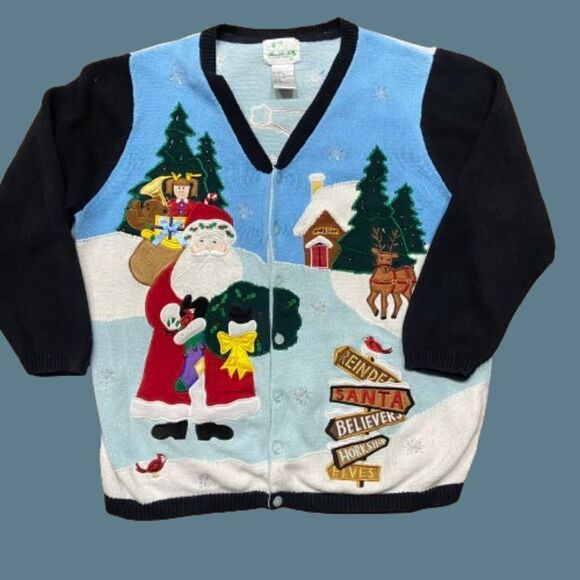 Quacker Factory Sweaters - The Quaker Factory Vintage Santa's Workshop Button Down Stitched Sweater XMas 1X